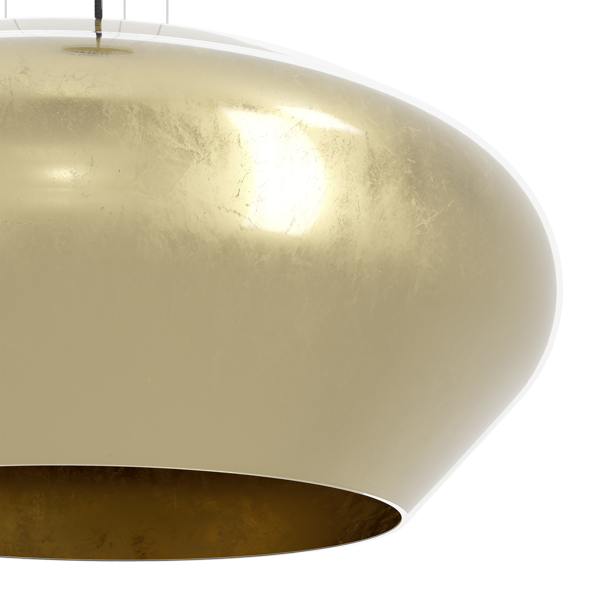 Close-up of a gold leaf pendant light with a textured surface and a bright light source within.