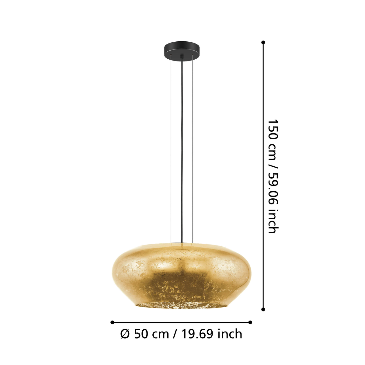 Gold-colored pendant lamp with a textured, rounded shade. Dimensions are 150 cm high and 50 cm in diameter.