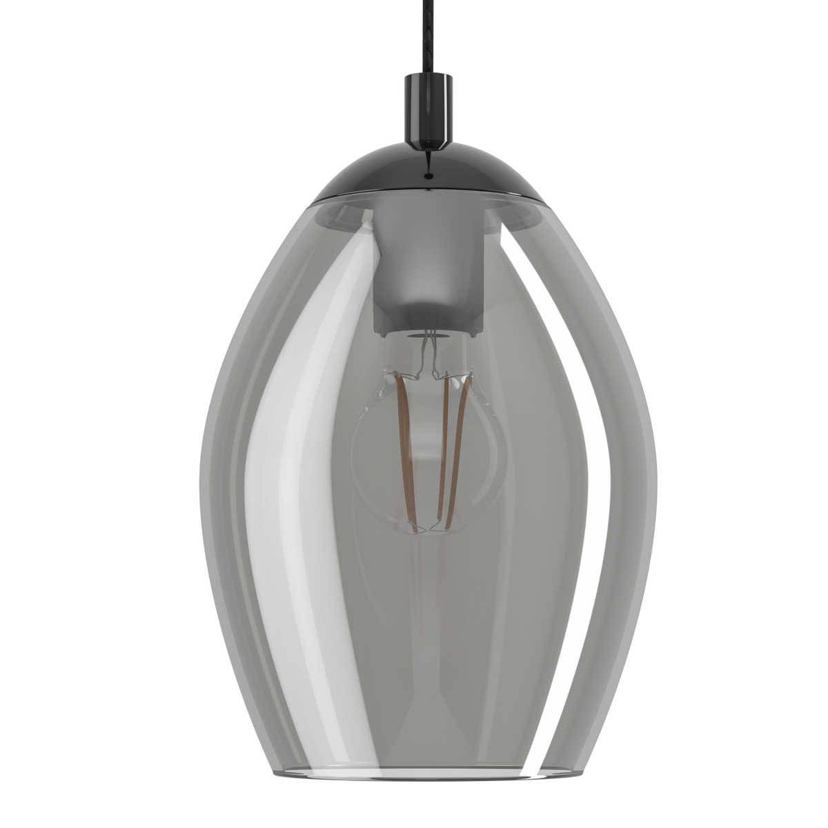 Modern pendant light with a clear, elongated glass shade and a visible filament bulb inside. 