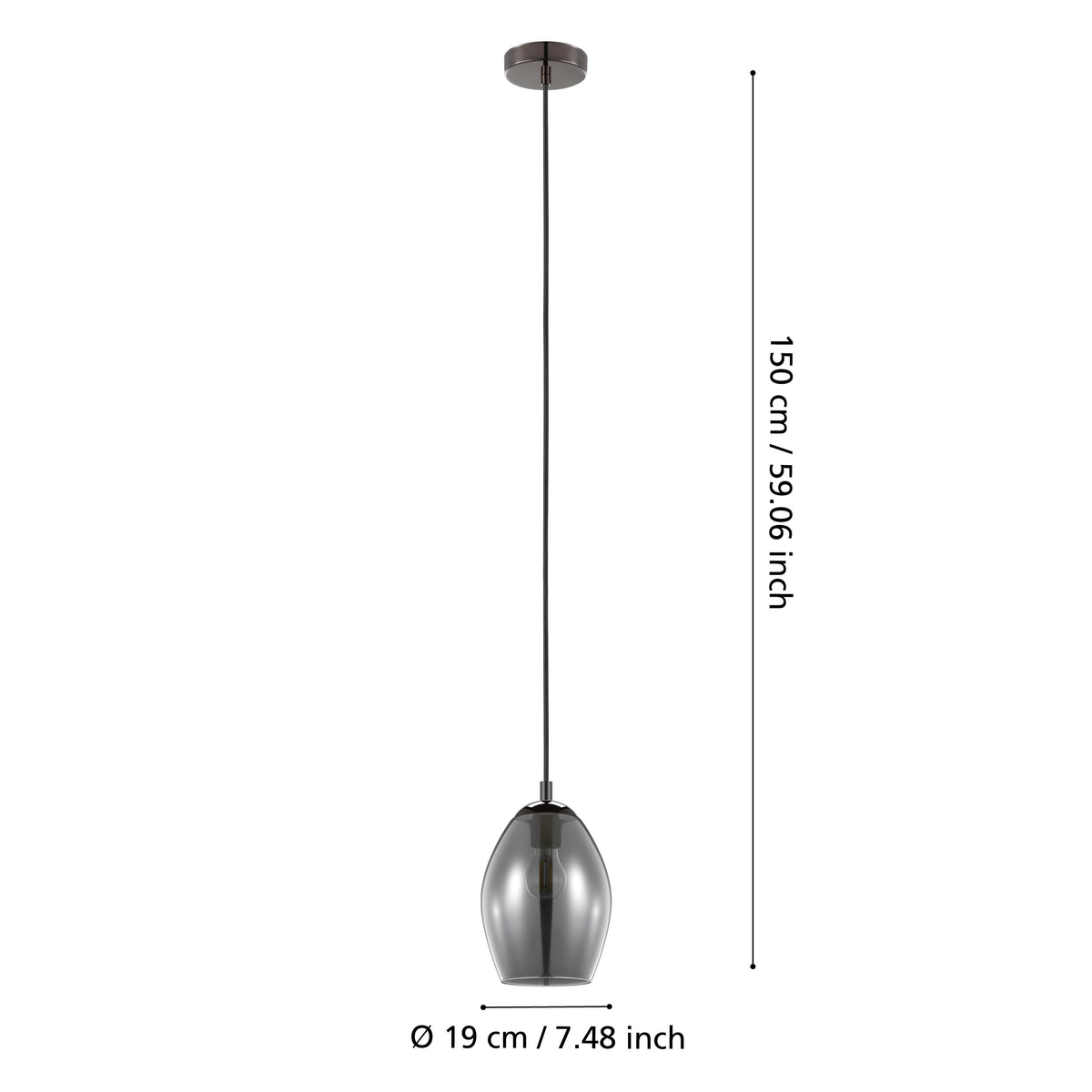 A pendant lamp with a dark grey, teardrop-shaped glass shade and a black cord, showing dimensions.
