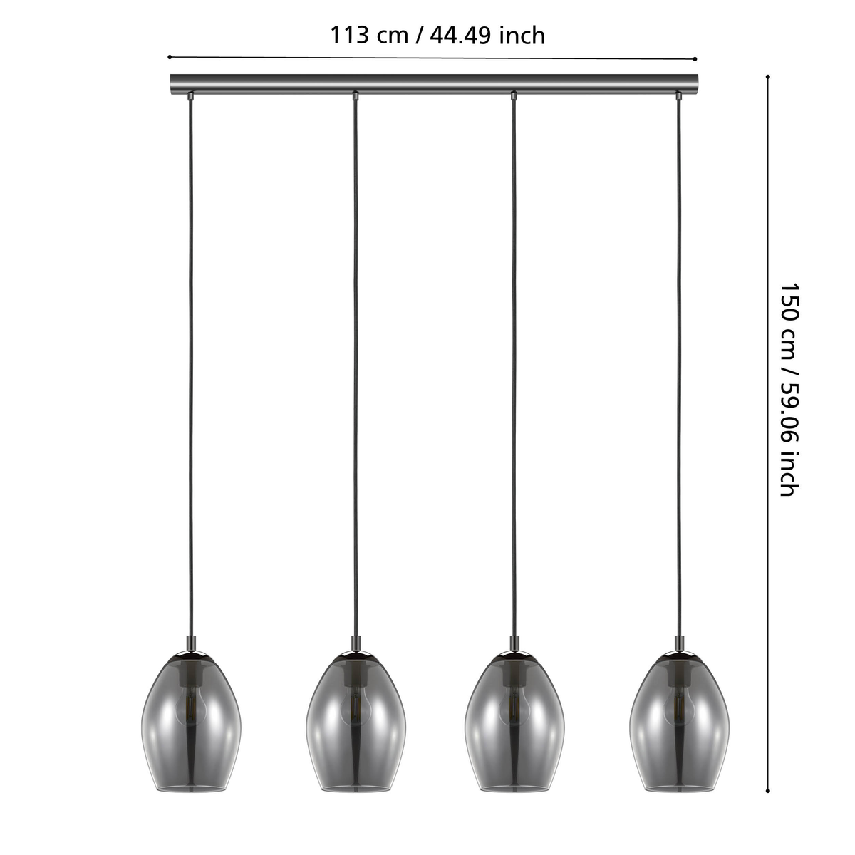 Four pendant lights with smoked glass shades and exposed bulbs, hanging from a horizontal bar. Dimensions included.