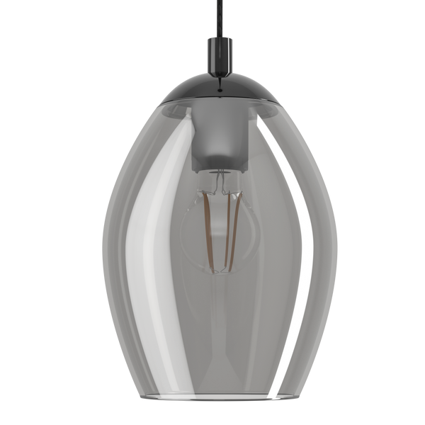 Modern pendant light with a clear, elongated glass shade and a visible filament bulb inside. It has a sleek black top fixture.