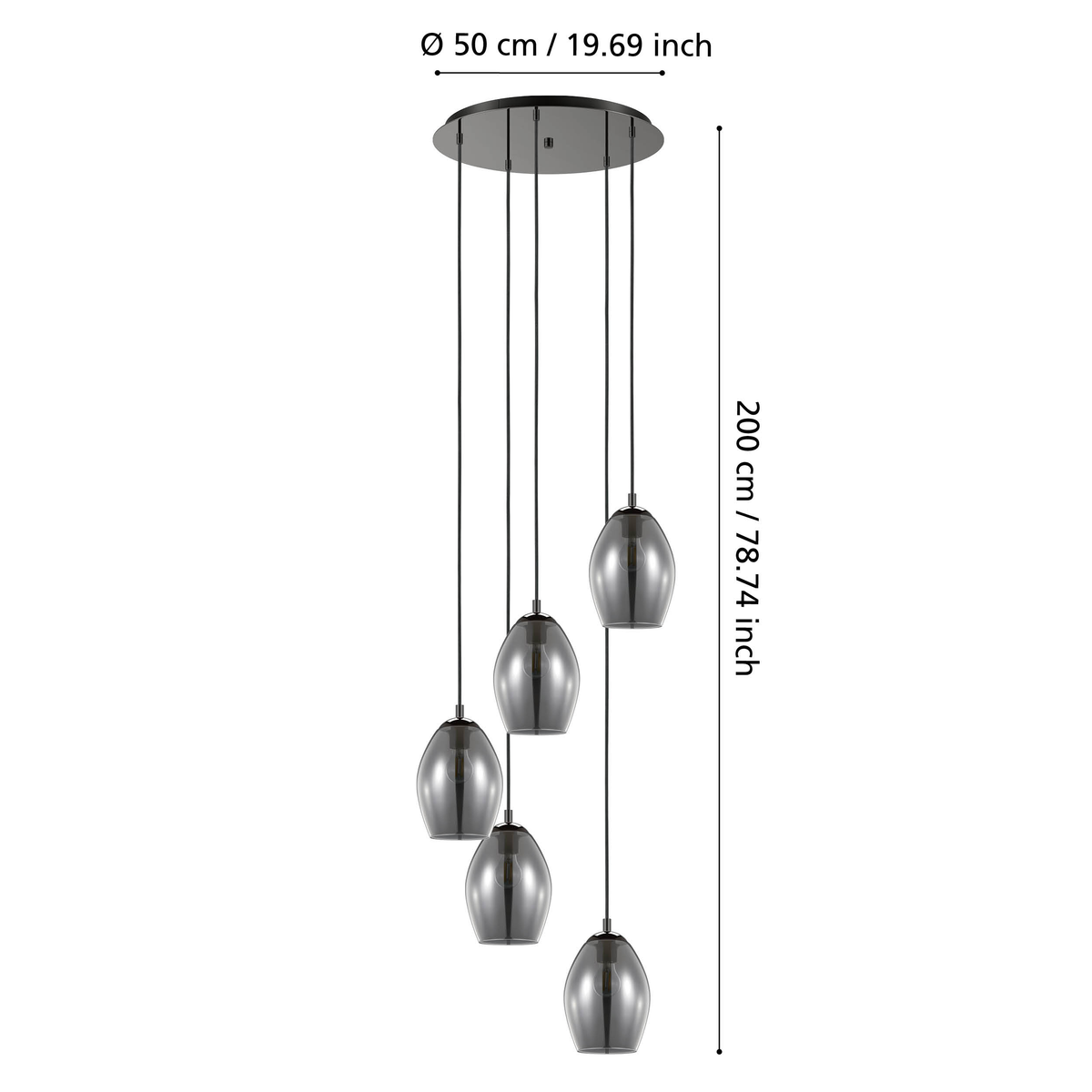 Five pendant lights with smoked glass shades hanging from a circular black ceiling plate. Each light has a visible bulb inside.