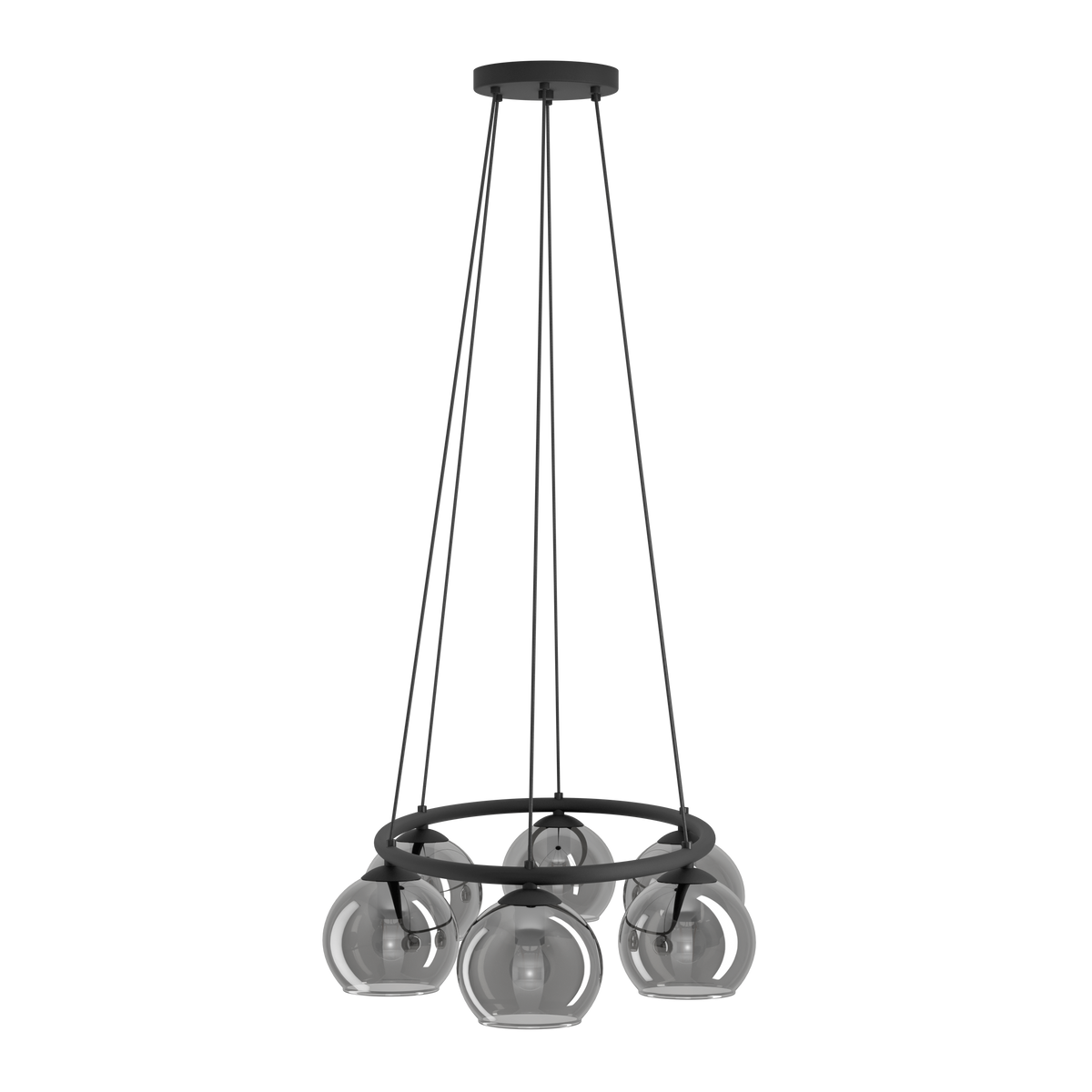 Modern black chandelier with a circular frame and five clear glass globe shades.