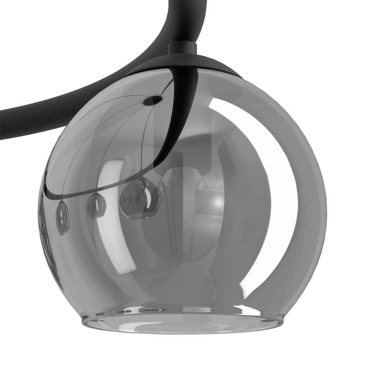 Close-up of a modern chandelier with a smoked glass globe shade and black metal arm.