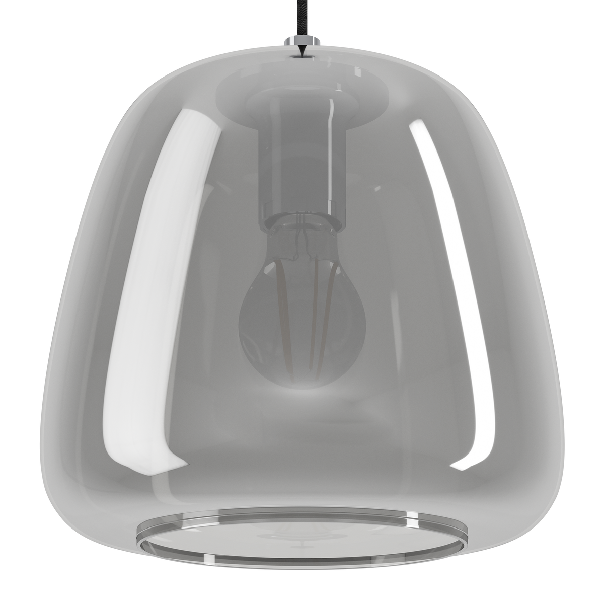 A modern, clear glass pendant light with a visible filament bulb inside, hanging from a black cord.