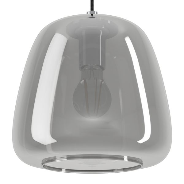 A modern, clear glass pendant light with a visible filament bulb inside, hanging from a black cord.