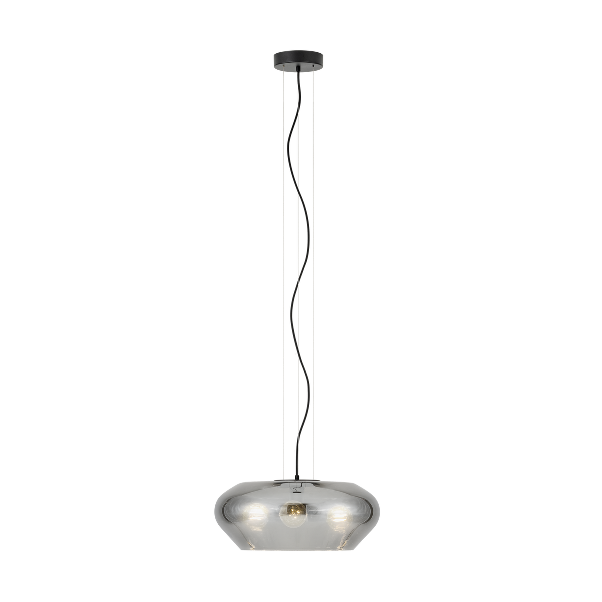 A modern pendant light with a smoked glass shade and three visible bulbs, hanging from a black ceiling mount.