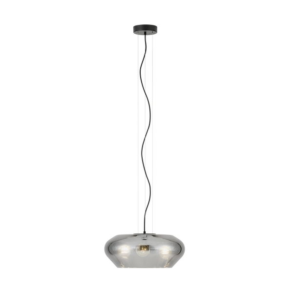 A modern pendant light with a smoked glass shade and three visible bulbs, hanging from a black ceiling mount.
