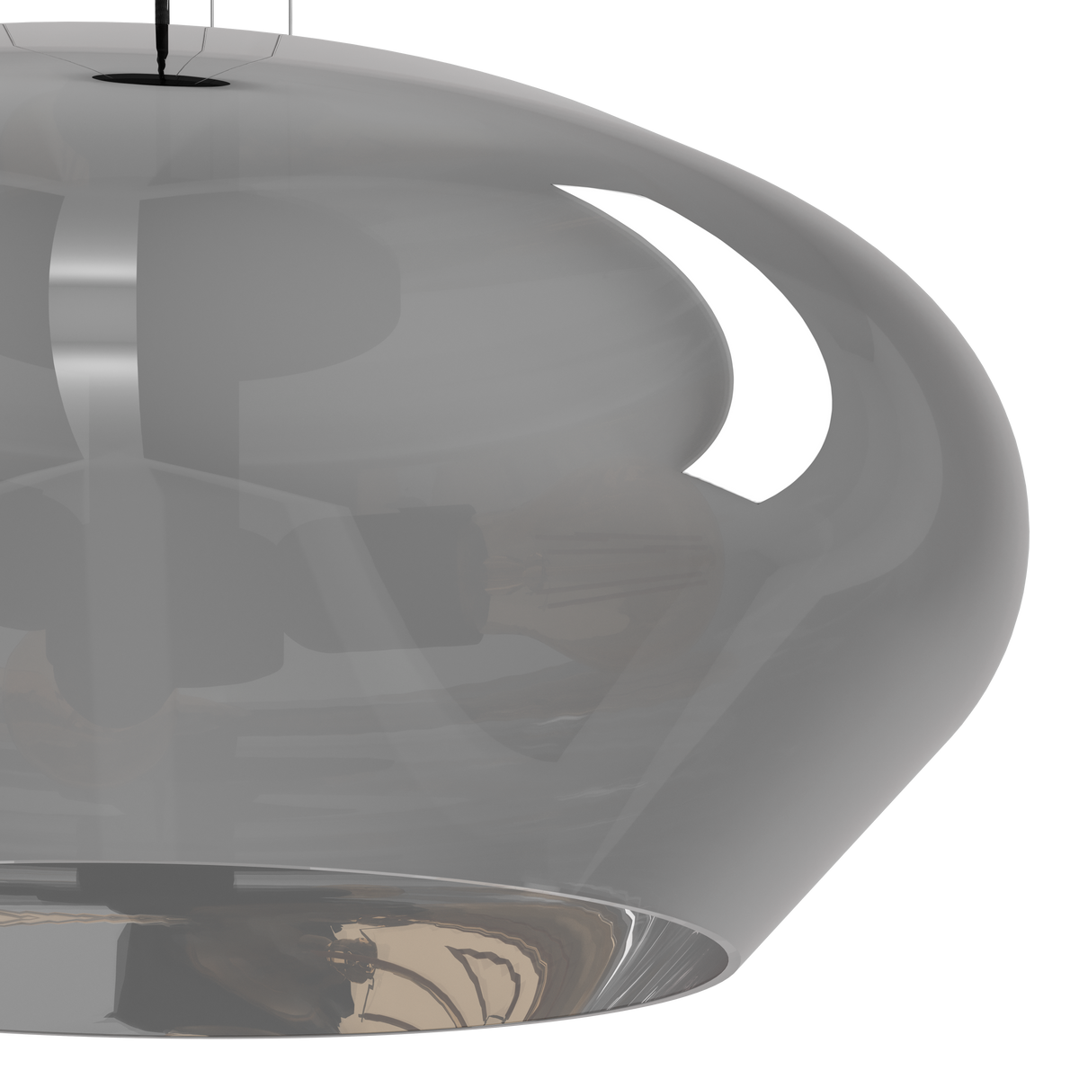 Close-up of a grey, translucent, bell-shaped pendant light with a reflective bottom edge.