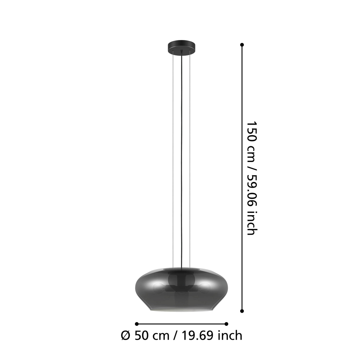A black pendant light with a smoked glass shade, showing dimensions of 150 cm height and 50 cm diameter. 