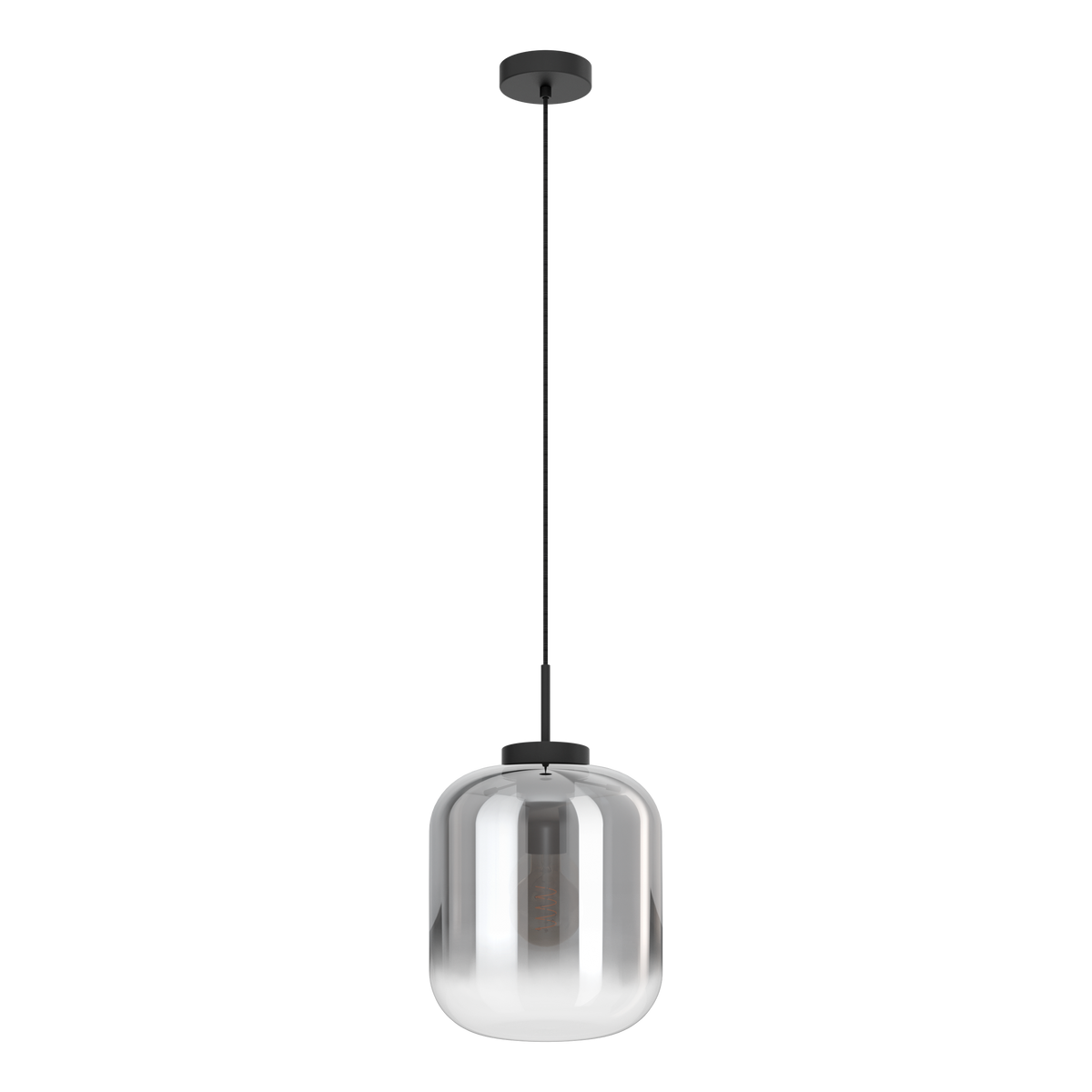 Modern pendant light with a clear, cylindrical glass shade and a visible filament bulb inside. It hangs from a black cord and ceiling mount.