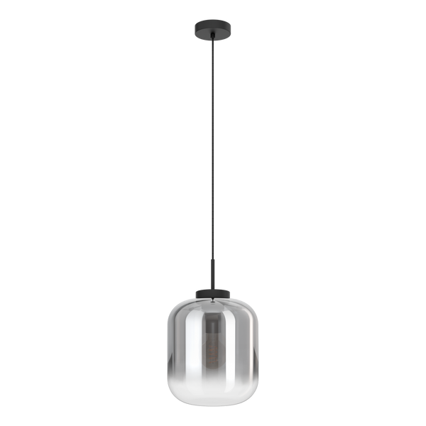 Modern pendant light with a clear, cylindrical glass shade and a visible filament bulb inside. It hangs from a black cord and ceiling mount.