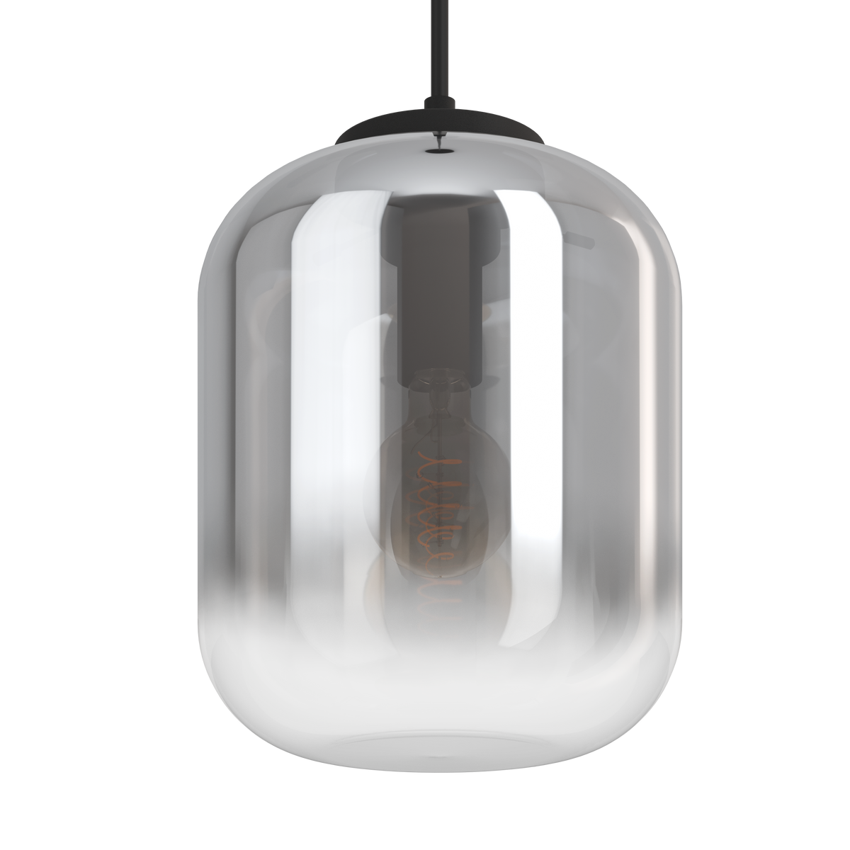 A modern pendant light with a clear, cylindrical glass shade and a visible filament bulb inside. It hangs from a black cord.