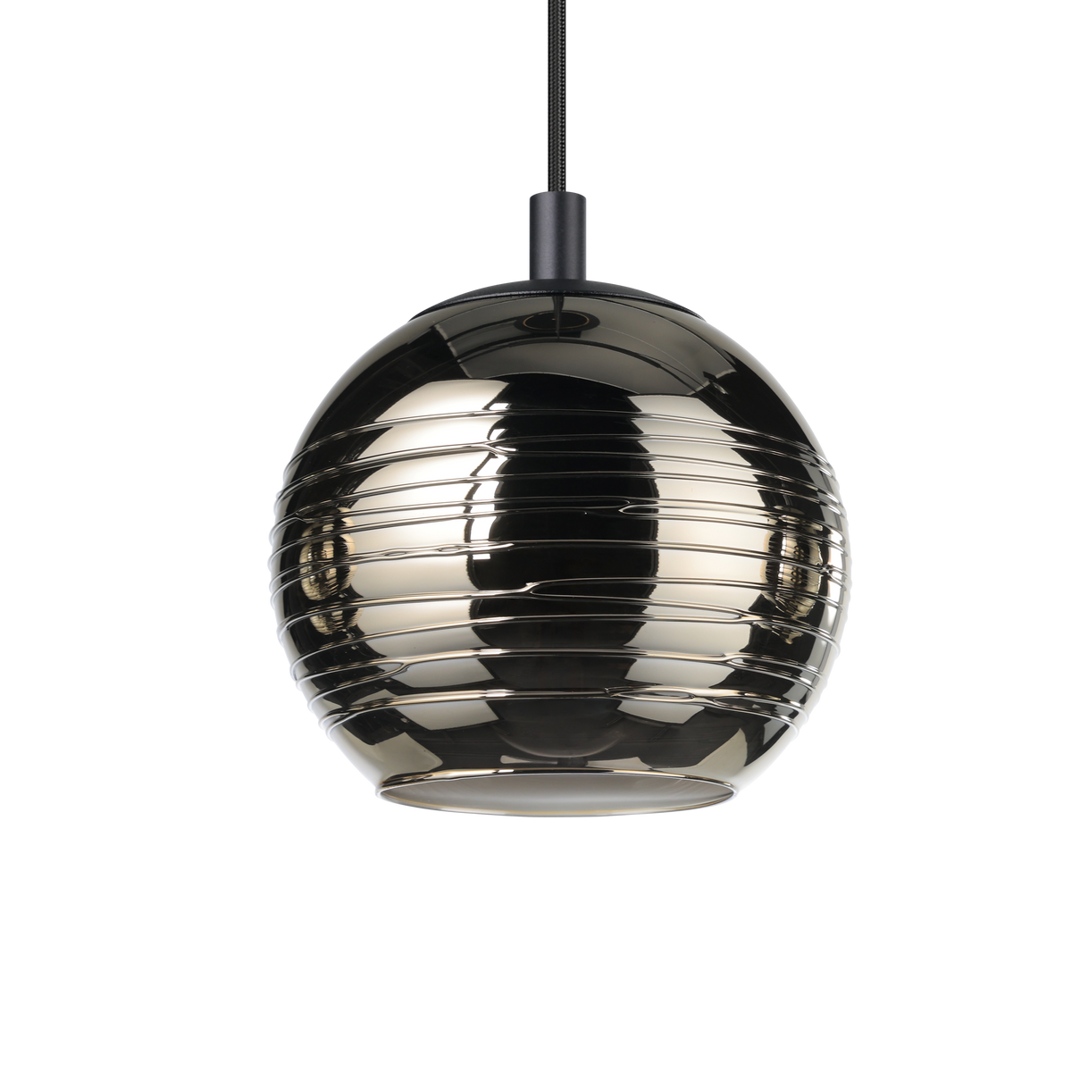 Modern pendant light with a ribbed, reflective, dark chrome finish, hanging from a black cord.