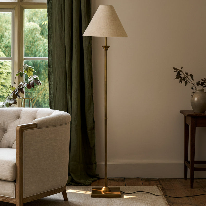 Kelmscot Floor Lamp in Antique Brass With Linen Shade