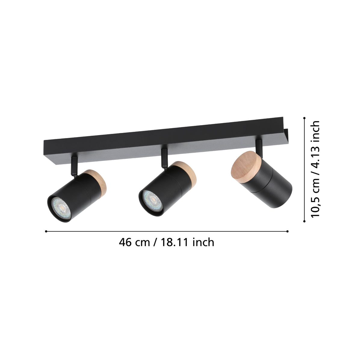 Black track light with three adjustable spotlights, each featuring a light wood accent and visible dimensions.