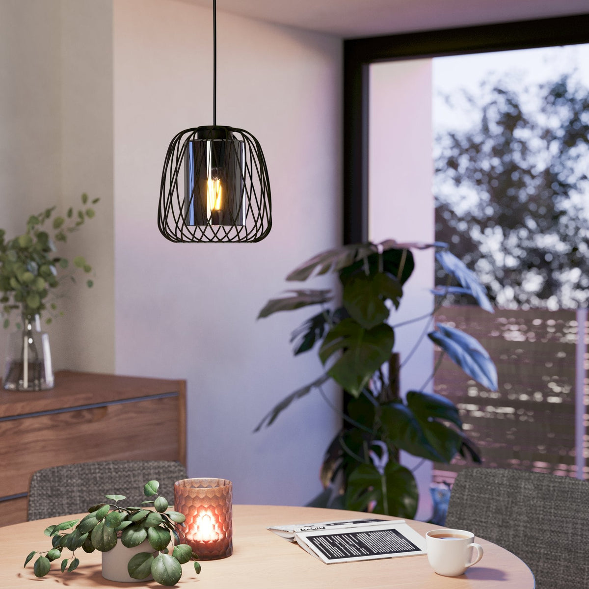 Floresta Single Pendant in Black with Black Vaporized Transparent Glass Diffuser