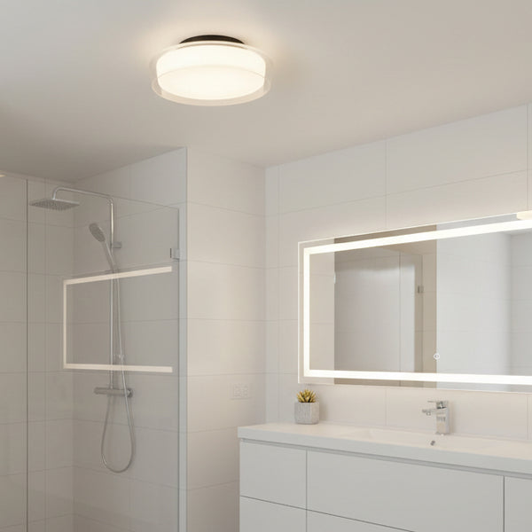 Puck IP44 Flush LED Ceiling Light in Black with Clear & Opal Glass Shades
