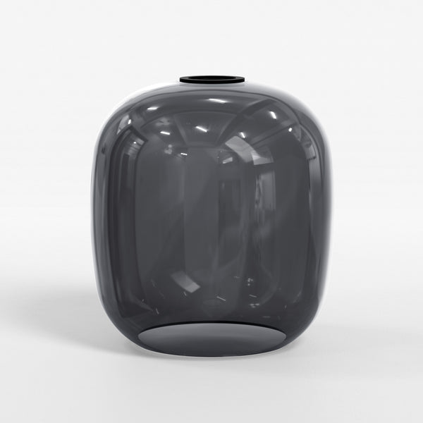 Dark grey glass vase with a rounded rectangular shape and a black rim at the top