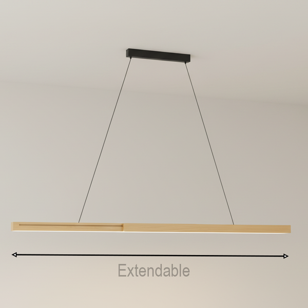 Extendable wooden linear pendant light with black ceiling mount