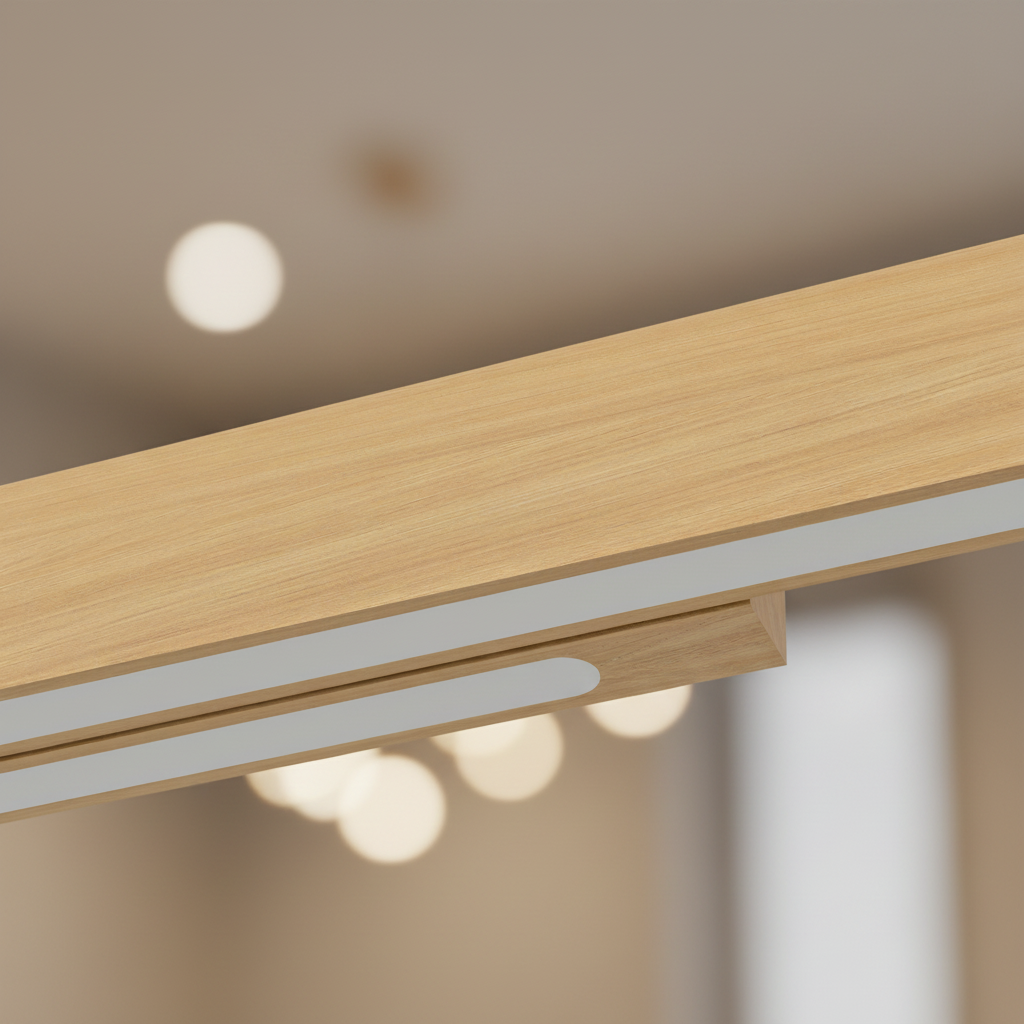 Close up of a light wood beam with two thin white light strips on the underside
