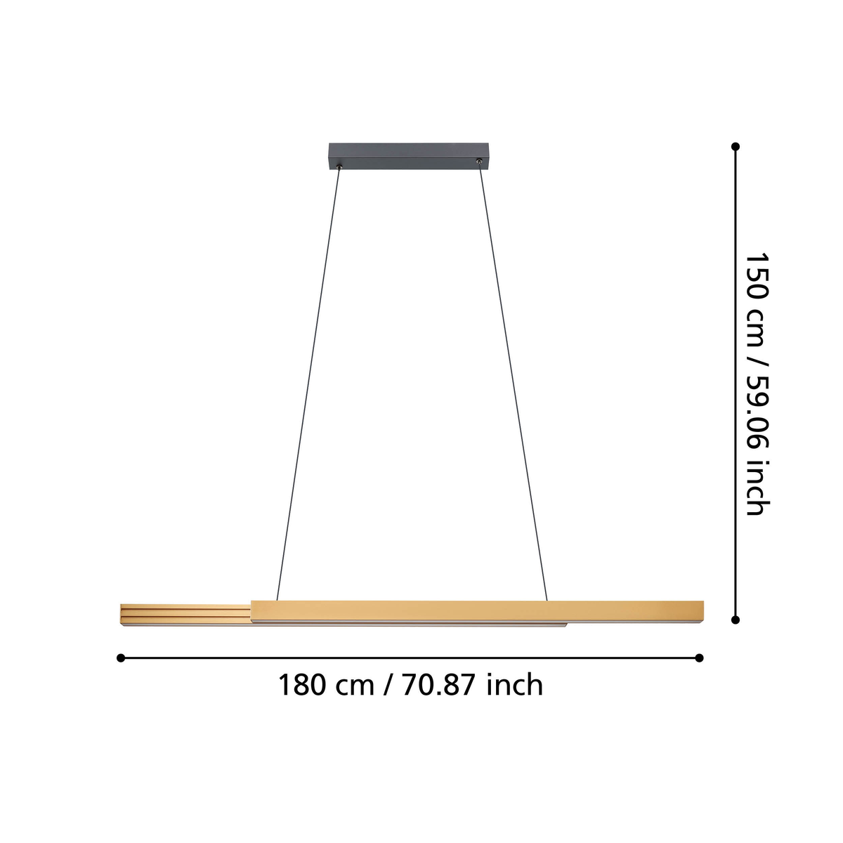 Linear pendant light with gold and grey accents, showing dimensions of 150 cm height and 180 cm width