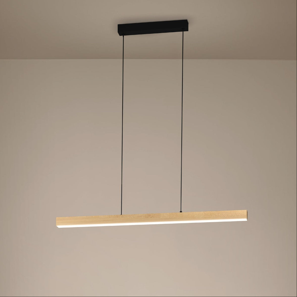 Linear wooden pendant light with a black ceiling mount