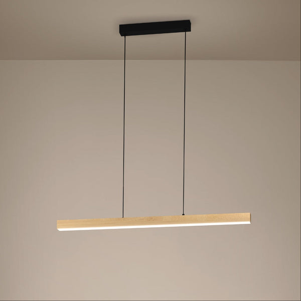 Linear wooden pendant light with a black ceiling mount