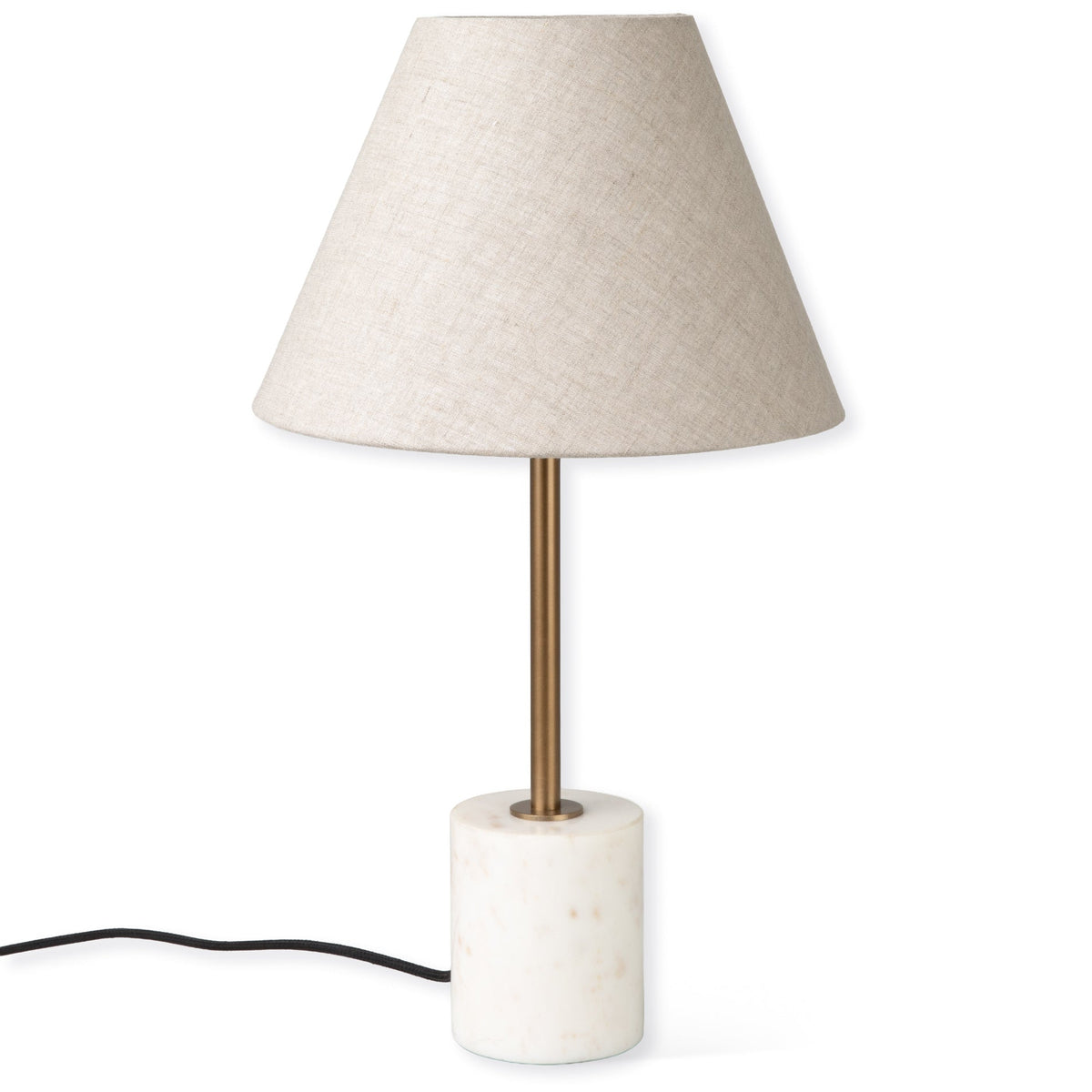 Winsley brass and marble table lamp with natural linen shade on a white background