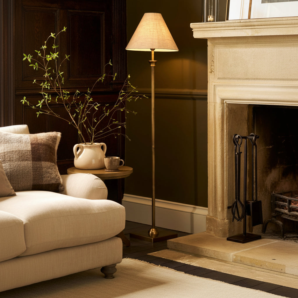 Kelmscot Floor Lamp in Antique Bronze With Linen Shade