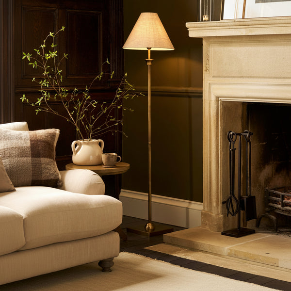 Kelmscot Floor Lamp in Antique Bronze With Linen Shade