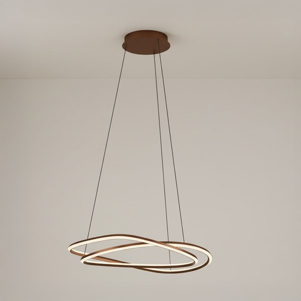 Brown ceiling light with two intertwined oval rings that glow white