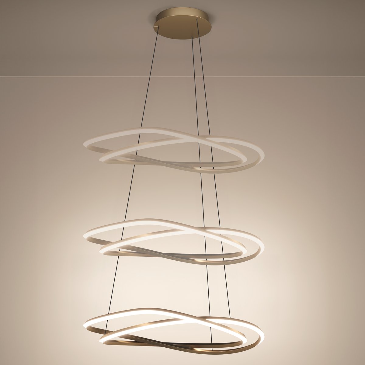 Three-tier modern chandelier with intertwined gold rings and illuminated white inner edges
