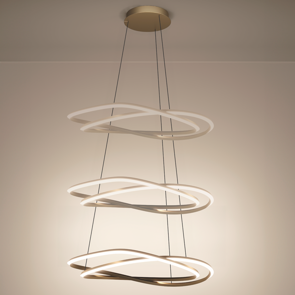Three-tier modern chandelier with intertwined gold rings and illuminated white inner edges