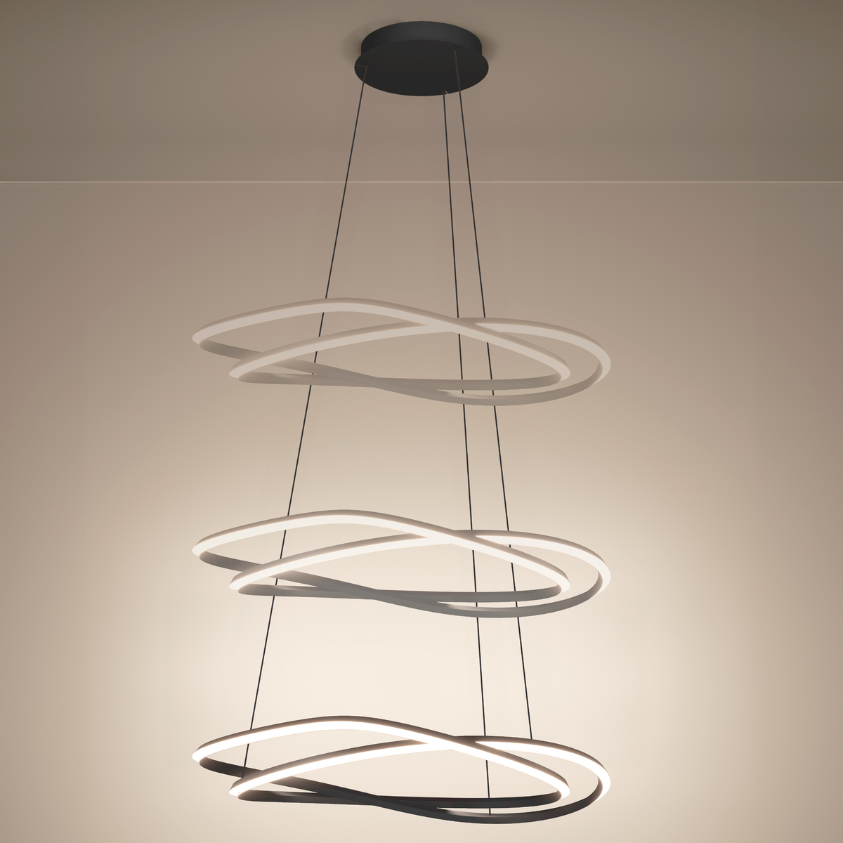Three-tier modern chandelier with intertwined black and white rings, illuminated with LED lights