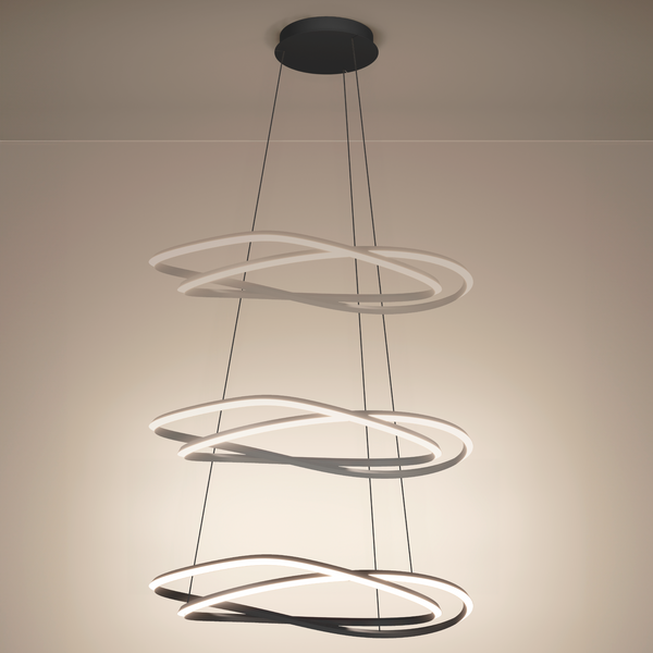 Three-tier modern chandelier with intertwined black and white rings, illuminated with LED lights