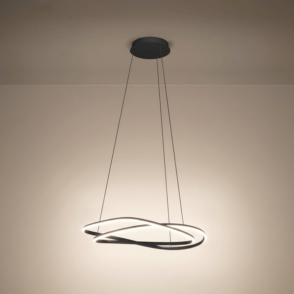 Black ceiling light with two intertwined rings, one illuminated with white light