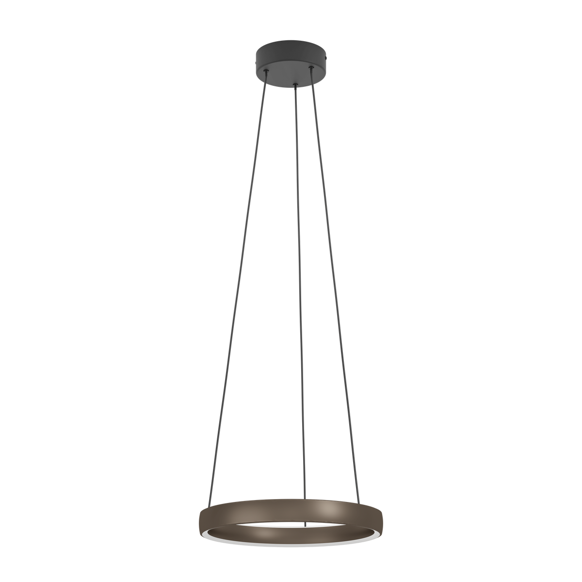 Modern bronze circular LED pendant light with a sleek design, suspended by three thin wires from a dark ceiling mount. 