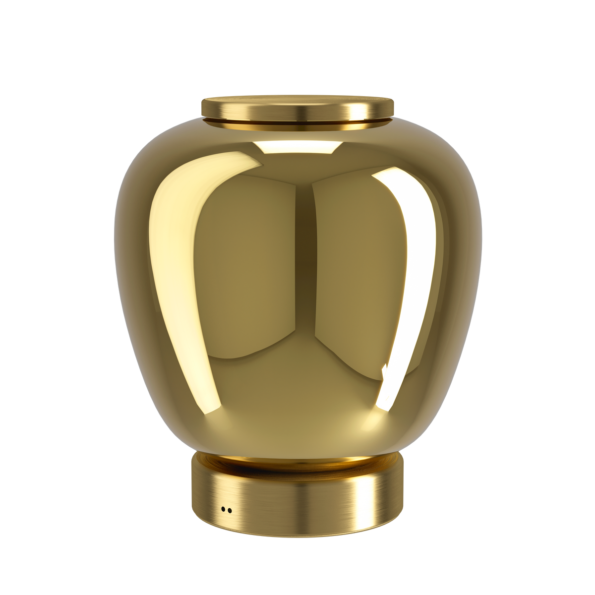 Shiny gold urn with a rounded body and a flat, circular lid and base. It reflects light brightly.