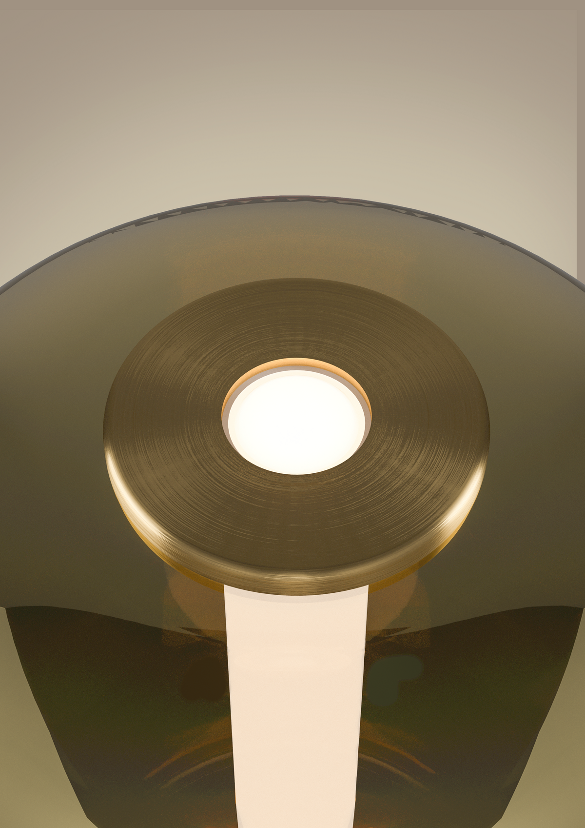 Close-up of a modern ceiling light with a circular brass fixture and a white glowing center.