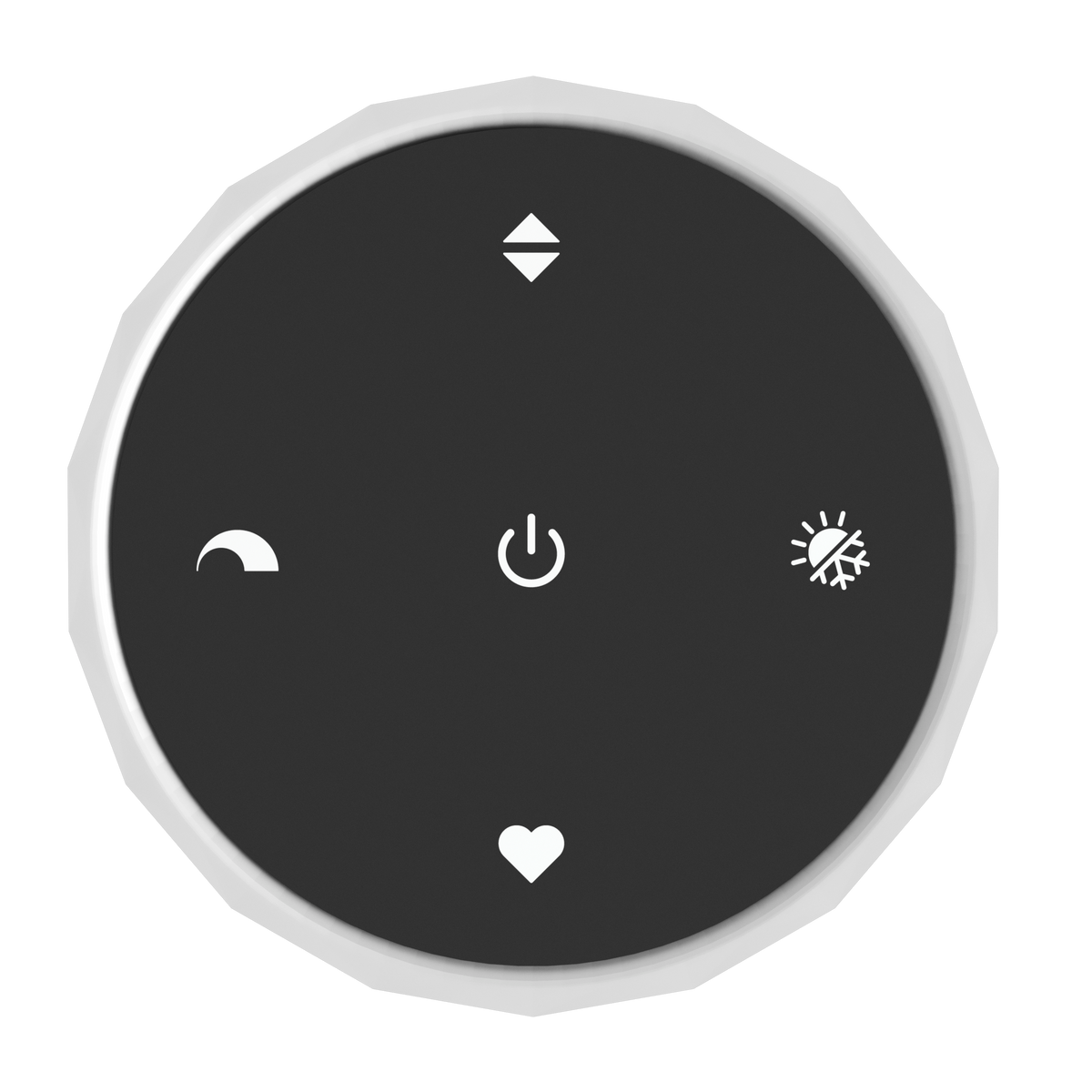 Round control dial with icons for power, fan speed, temperature, and favorite setting