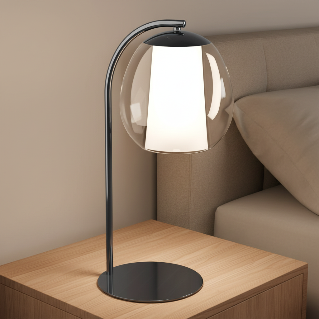 Modern table lamp with a curved chrome stand and a clear glass globe shade, illuminating a bedside table