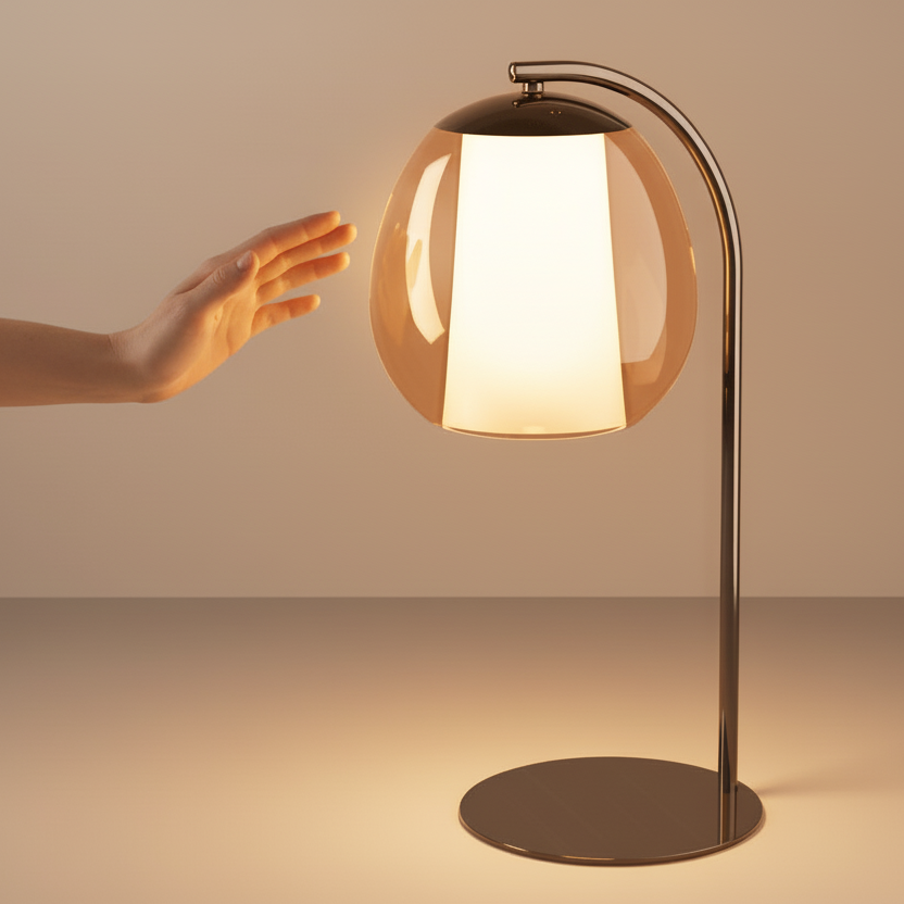 Hand reaching towards a modern table lamp with a clear amber glass shade and a white inner diffuser