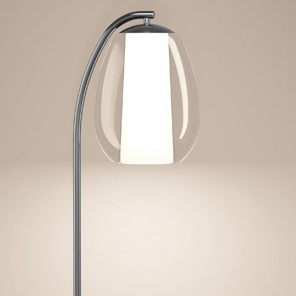 Chrome floor lamp with a clear glass shade and white inner diffuser