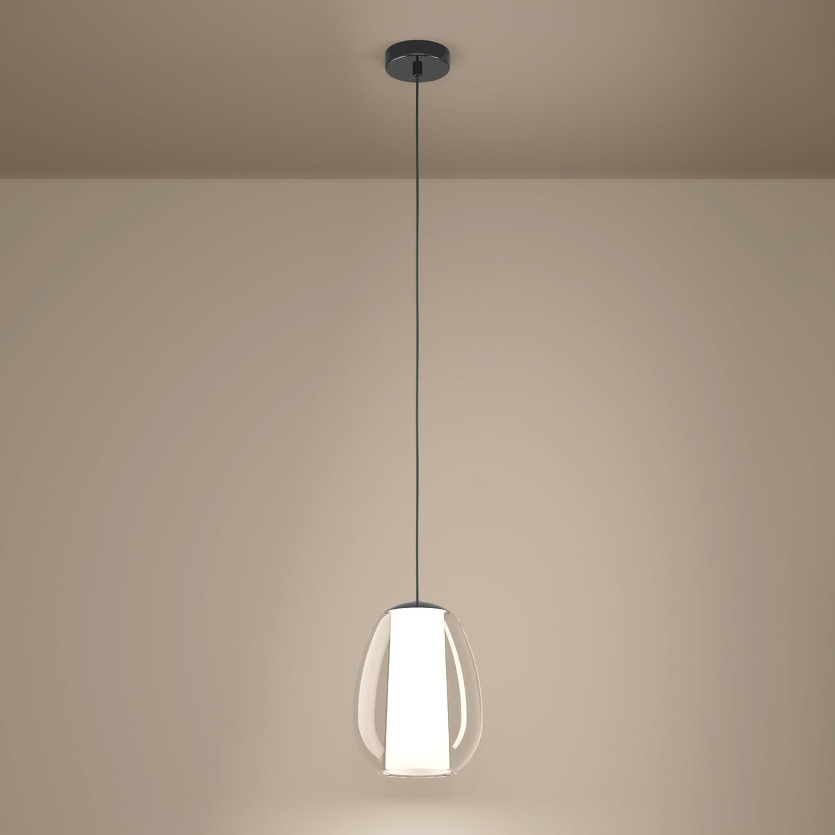 Clear glass pendant light with a white inner shade and black ceiling mount