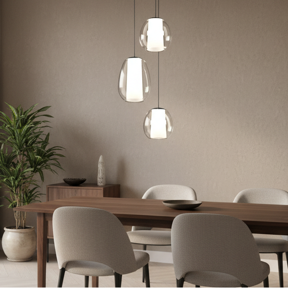 Three pendant lights with clear glass shades and white diffusers hang above a wooden dining table