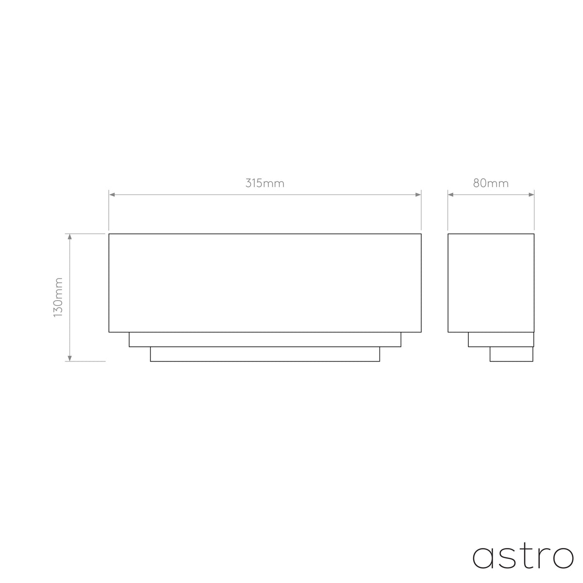 Technical drawing of a rectangular light fixture with dimensions 315mm width, 130mm height, and 80mm depth