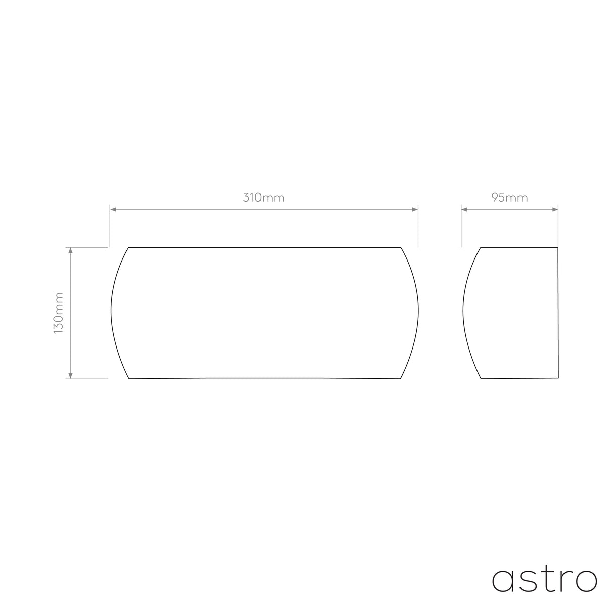 Line drawing of a rectangular light fixture with curved sides, showing dimensions of 310mm, 130mm, and 95mm