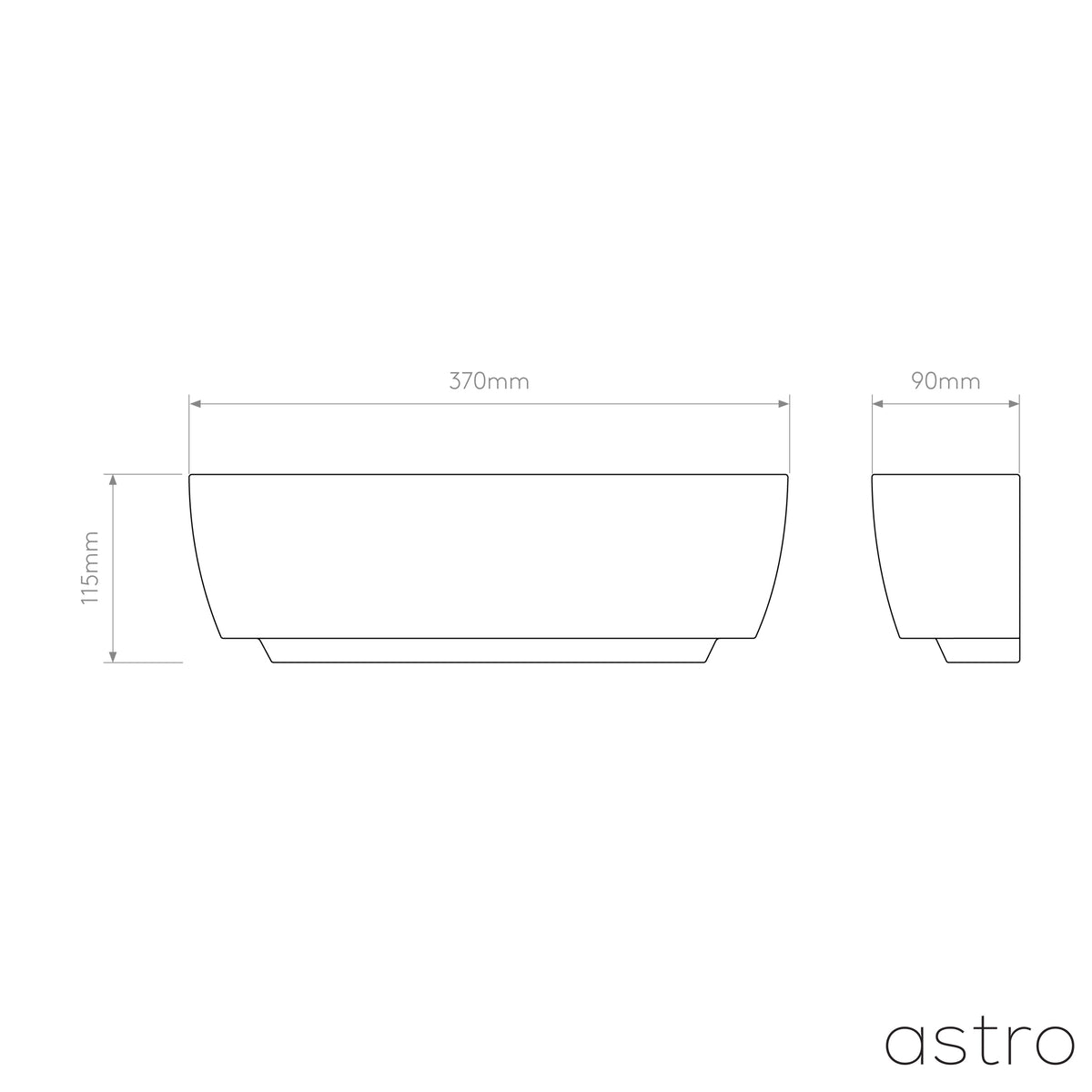 Technical drawing of a rectangular basin with dimensions 370mm width, 115mm height, and 90mm depth
